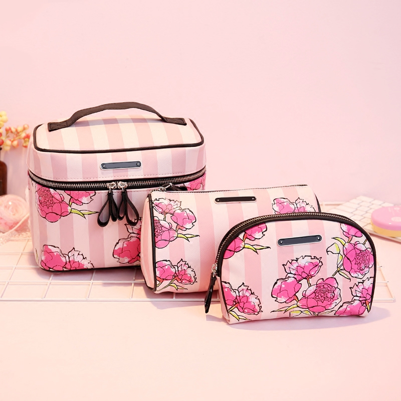 C009 Beauty Flower Printing PU Leather Cosmetic Bag Set