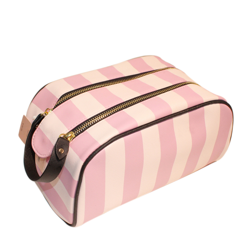 C042 Organic Pink Stripe Waterproof PU Makeup Bag