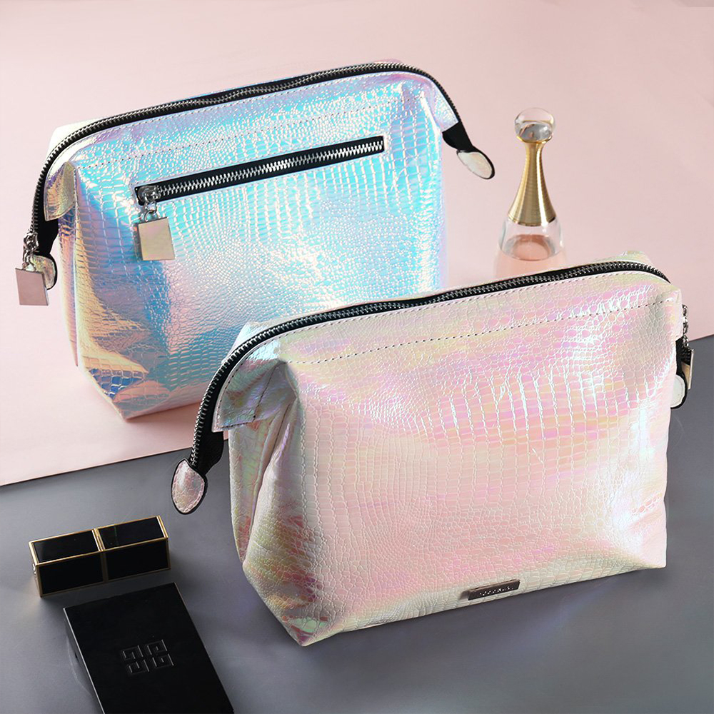 C598 Zippered PU Leather Holographic Cosmetic Bag