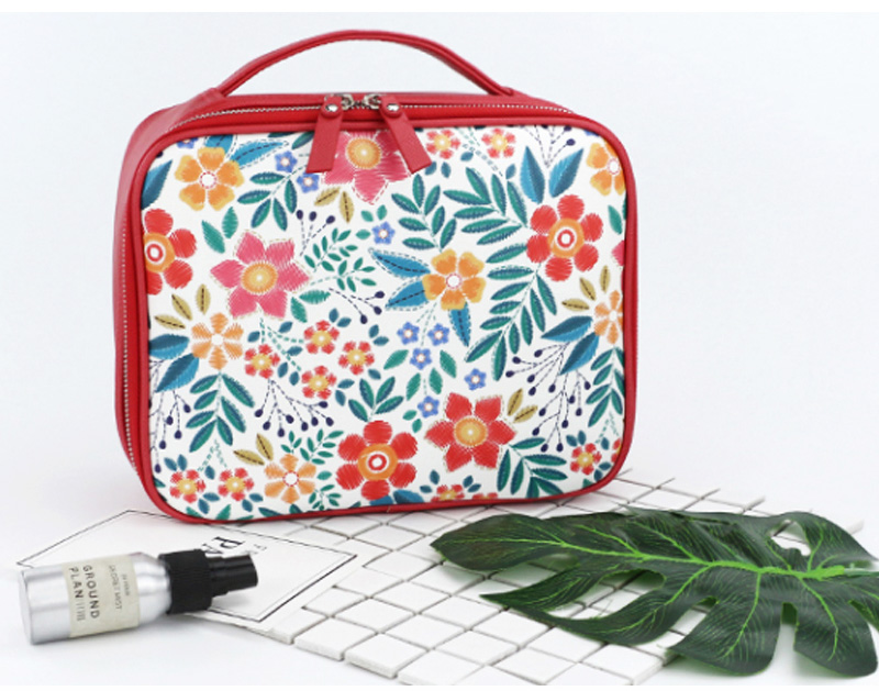 C126 Zipper Floral Compartment Red Portable Makeup Bag