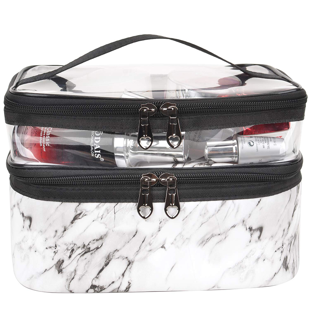 Double Layer Marble PU Travel Makeup Organizer Bag