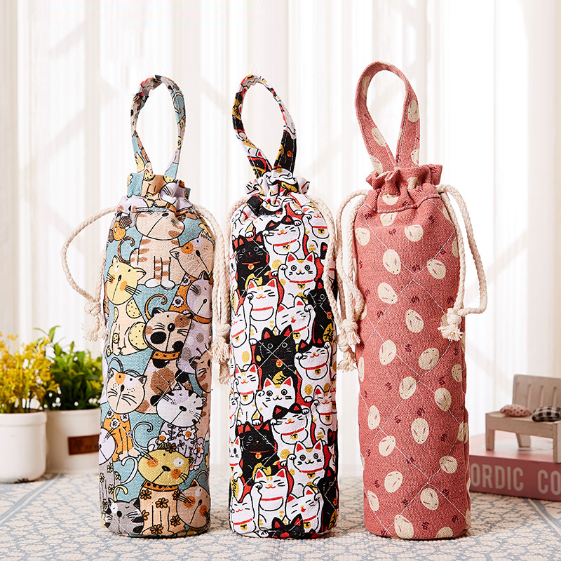 B015 Drawstring Vintage Cotton Glass Wine Bottle Sleeve